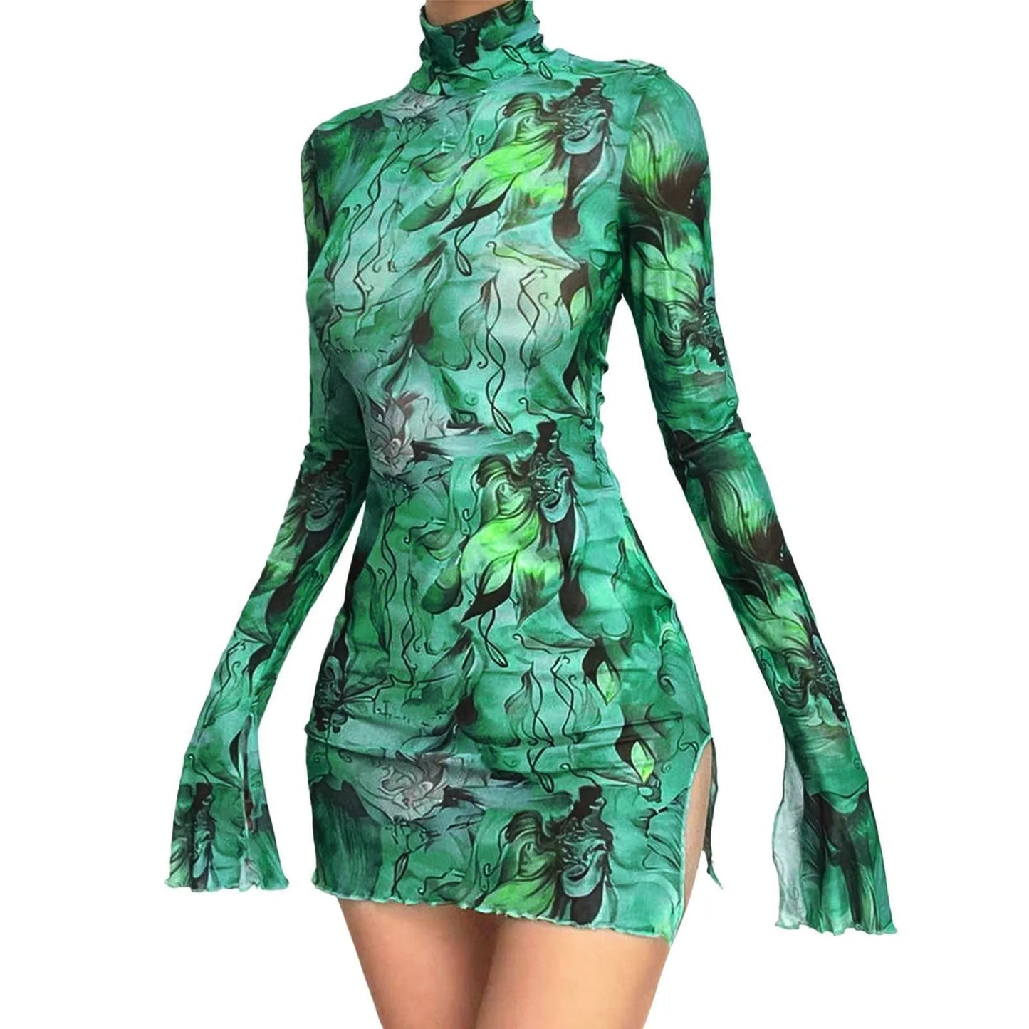 Top Selling Mesh Printed Round Neck Womens Dresses For Teens Plus Size Bell Sleeve Side Open Hip Dress Vestidos Para Mujer    Home Decor Supply | Online Retail | ShoreShopper.com