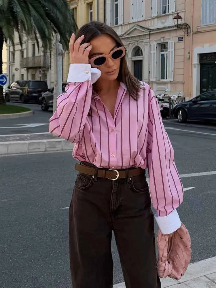 HH Women Spring Casual Shirt Pink Striped Lapel Long Sleeve Single Breasted Fashion Female Elegant Loose Versatile Blouse Mujer