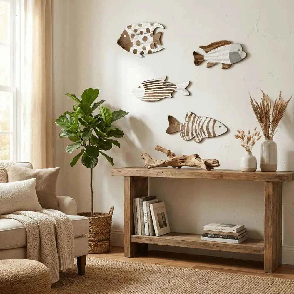Marine Style Wooden Fish Wall Decor School of Fish Rustic Carving Fish Pendant Handcrafted Ocean Theme Nautical Wall Art