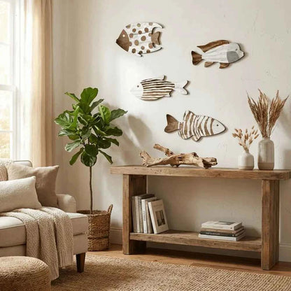Marine Style Wooden Fish Wall Decor School of Fish Rustic Carving Fish Pendant Handcrafted Ocean Theme Nautical Wall Art