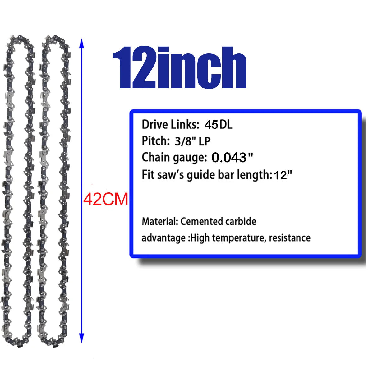 12 Inch Chainsaw Chain 3/8" LP Pitch .043'' Gauge 45 Drive Links Fits For DeWalt DCCS620P1 Ryobi, Craftsman, Makita and More - ShoreCo.Shop