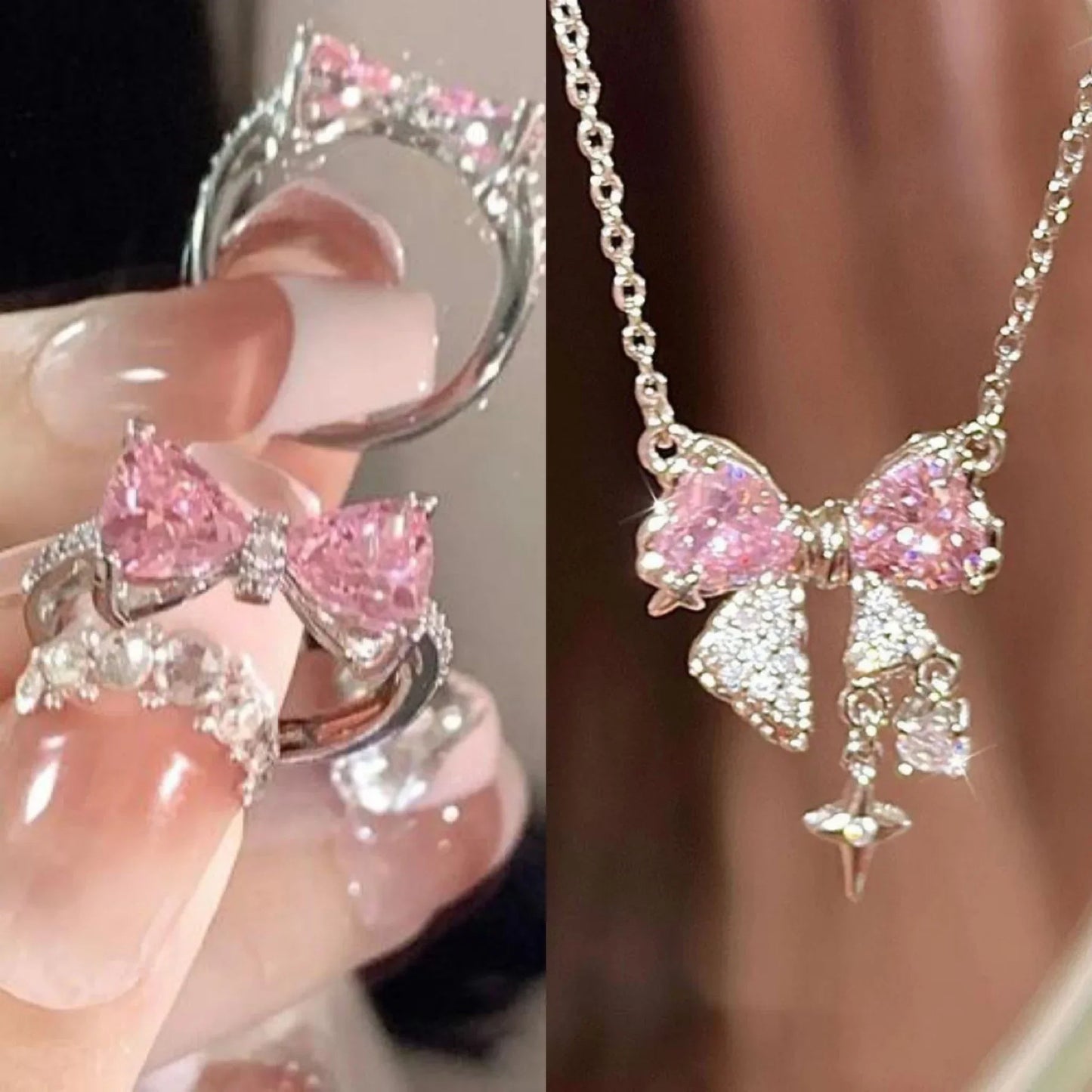 Fashion Fairy Pink Crystal Bow Knot Pendant Necklaces Y2K Girls Sweet Rhinestone Heart Clavicle Chain Women Jewelry Gifts    Home Decor Supply | Online Retail | ShoreShopper.com