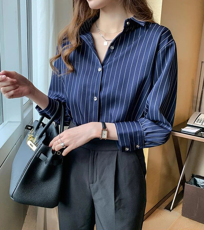 Striped Shirt Women Summer Vintage Chic Loose Long Sleeve Top Y2K Office Ladies Fashion Casual Turn Down Collar All Match Blouse    Your Coastal Marketplace | Shoreshopper.com