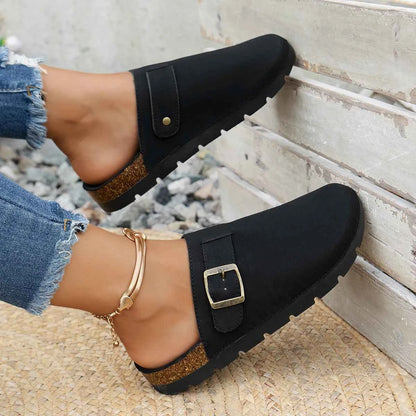 Women's Fashionable Casual Shoes for Indoor and Outdoor Wear, Thick-Soled Flat-Heeled Half-Cap Toe Slippers, Slip-On Slippers