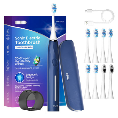 SEAGO Electric Toothbrush with 8 Soft Bristle Heads for Adults Pressure Sensor 5 Modes with 2 Minutes Smart Timer SG-2752 - ShoreCo.Shop