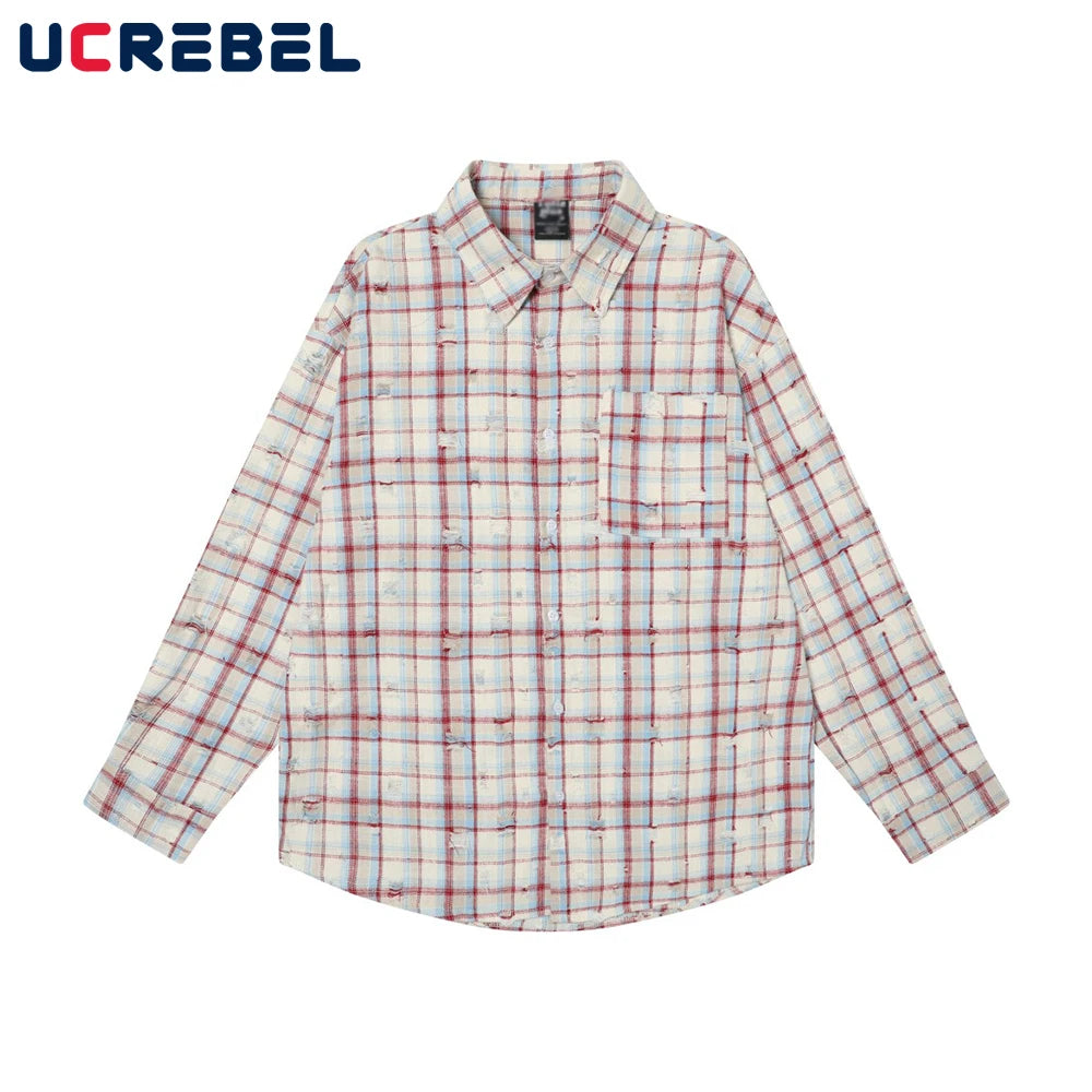 Ripped Plaid Long Sleeve Shirts Mens Pocket Autumn High Street Loose Lapel Single Breasted Checked Shirt Men    Home Decor Supply | Online Retail | ShoreShopper.com