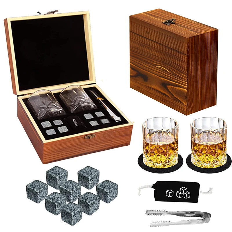Father'S Day Gift For Men Whiskey Stones Set 8 Pcs Granite Ice Cubes+ 2 Pcs Cups For Whisky In Wooden Bottle Box Present For Dad    Your Coastal Marketplace | Shoreshopper.com