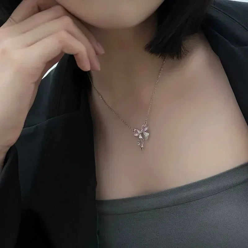 Fashion Fairy Pink Crystal Bow Knot Pendant Necklaces Y2K Girls Sweet Rhinestone Heart Clavicle Chain Women Jewelry Gifts    Home Decor Supply | Online Retail | ShoreShopper.com