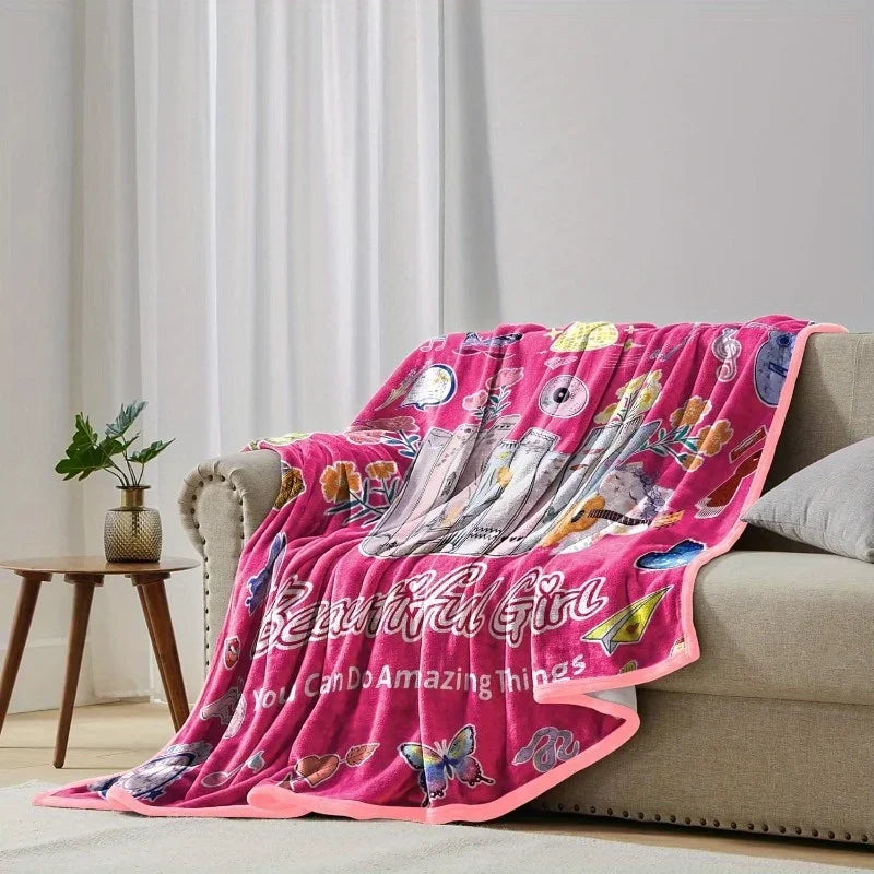 Pink Flannel Throw Blanket 60"x50" - Music & Book Lover Design with Butterflies, Flowers & Inspirational Quotes    Home Decor Supply | Online Retail | ShoreShopper.com