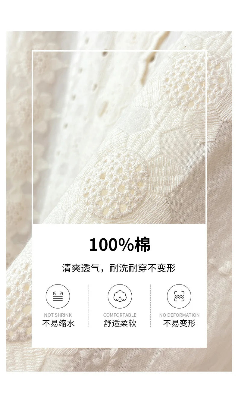 Women'S Shirt Spring Hollow Lace Ruffles O Neck Elegant Apricot Tops Long Sleeve Embroidered Cotton Shirt Vitnage Office Lady    Your Coastal Marketplace | Shoreshopper.com