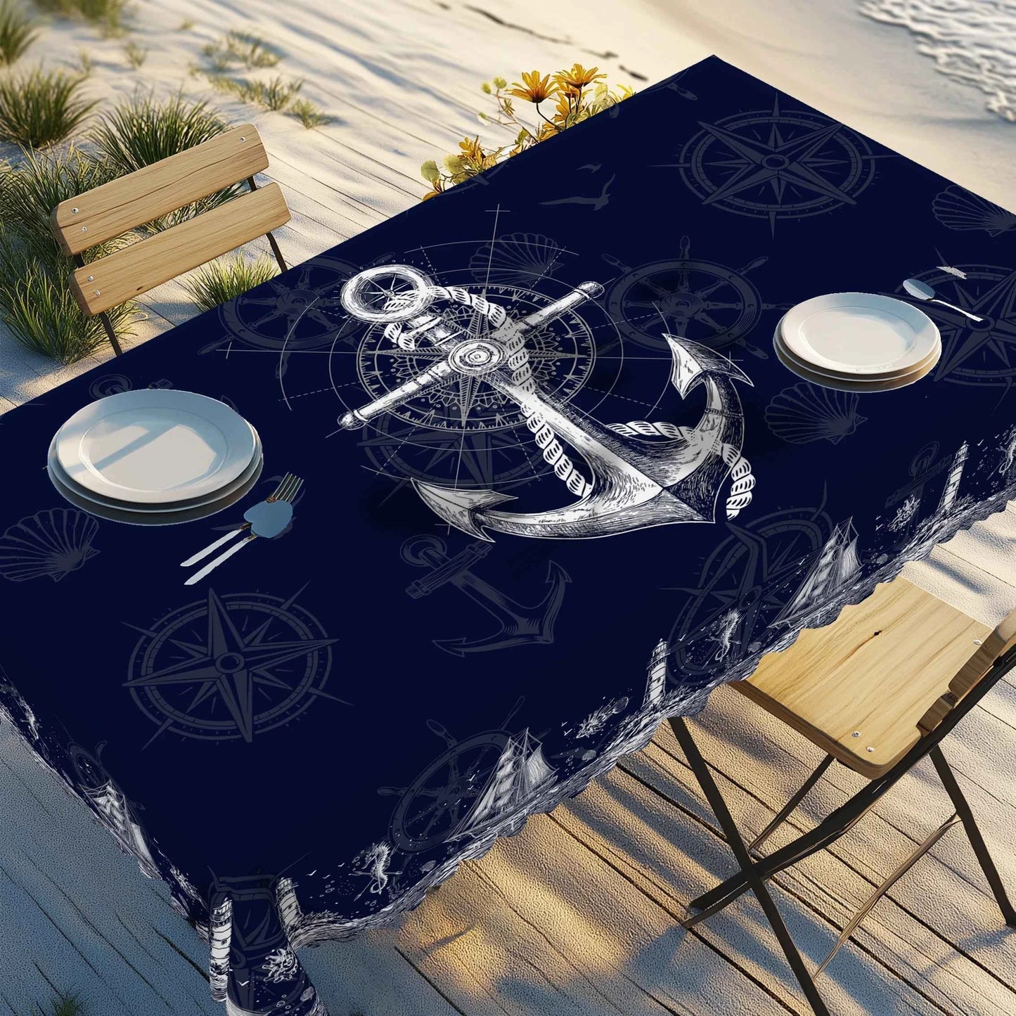 1pc Nautical Theme Tablecloth, Coastal Navy Blue Anchor, Lighthouse, Compass Designs For Spring Summer Decor