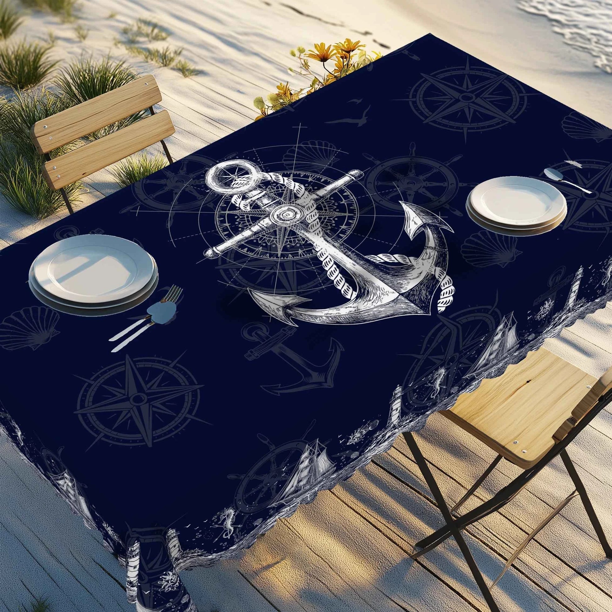 1pc Nautical Theme Tablecloth, Coastal Navy Blue Anchor, Lighthouse, Compass Designs For Spring Summer Decor