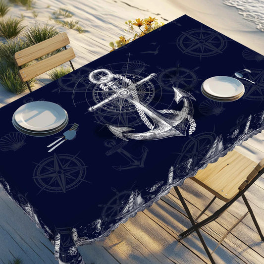 1pc Nautical Theme Tablecloth, Coastal Navy Blue Anchor, Lighthouse, Compass Designs For Spring Summer Decor