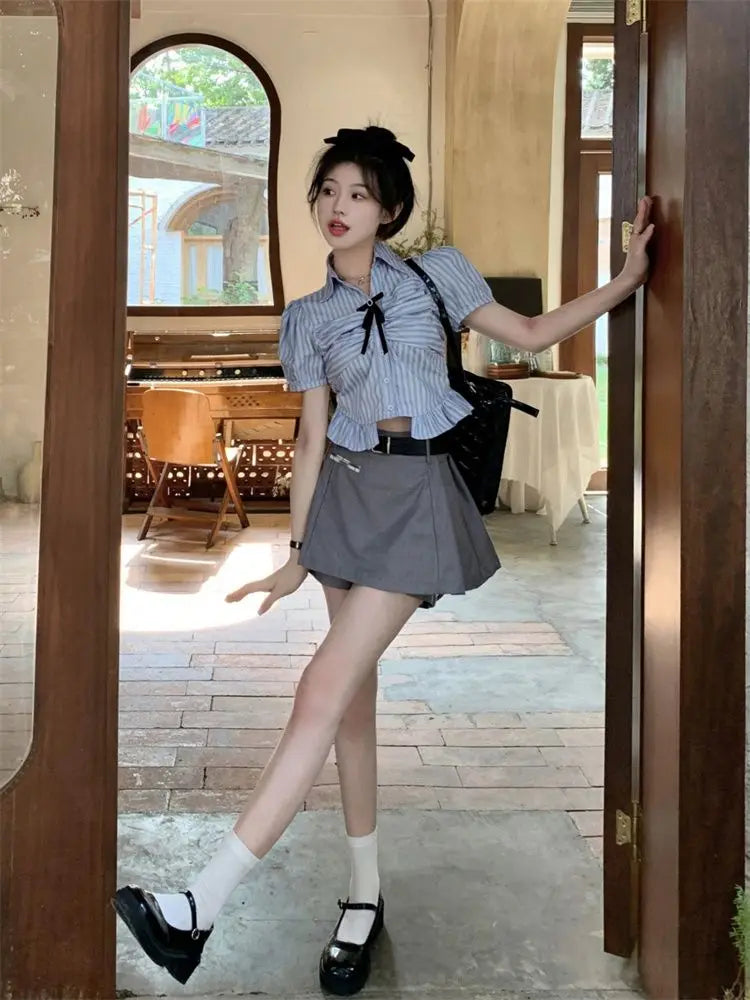 Bow-rinked Striped Shirt for Women Summer French Sweet and Spicy Puff Sleeve Shirt Short Short Sleeve Top    Home Decor Supply | Online Retail | ShoreShopper.com