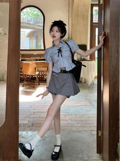 Bow-rinked Striped Shirt for Women Summer French Sweet and Spicy Puff Sleeve Shirt Short Short Sleeve Top    Home Decor Supply | Online Retail | ShoreShopper.com