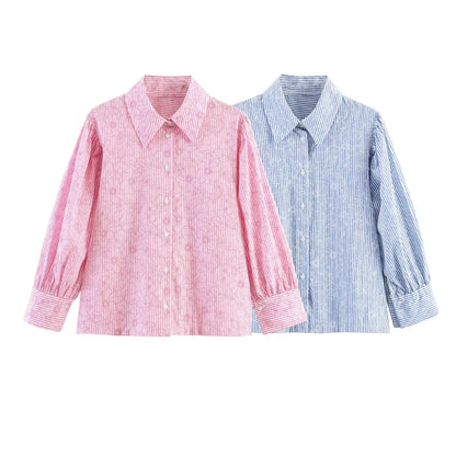 Women's Shirts Spring Summer  Female Lapel Print Striped Shirt Lady Elegant Blouses Casual Temperament Chic Ladies Tops Mujer    Your Coastal Marketplace | Shoreshopper.com