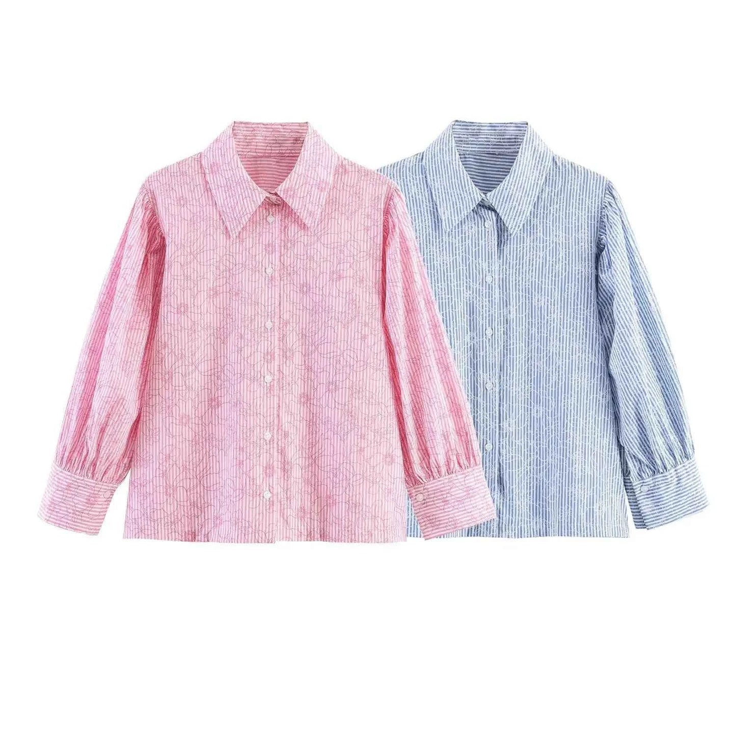 Women's Shirts Spring Summer  Female Lapel Print Striped Shirt Lady Elegant Blouses Casual Temperament Chic Ladies Tops Mujer