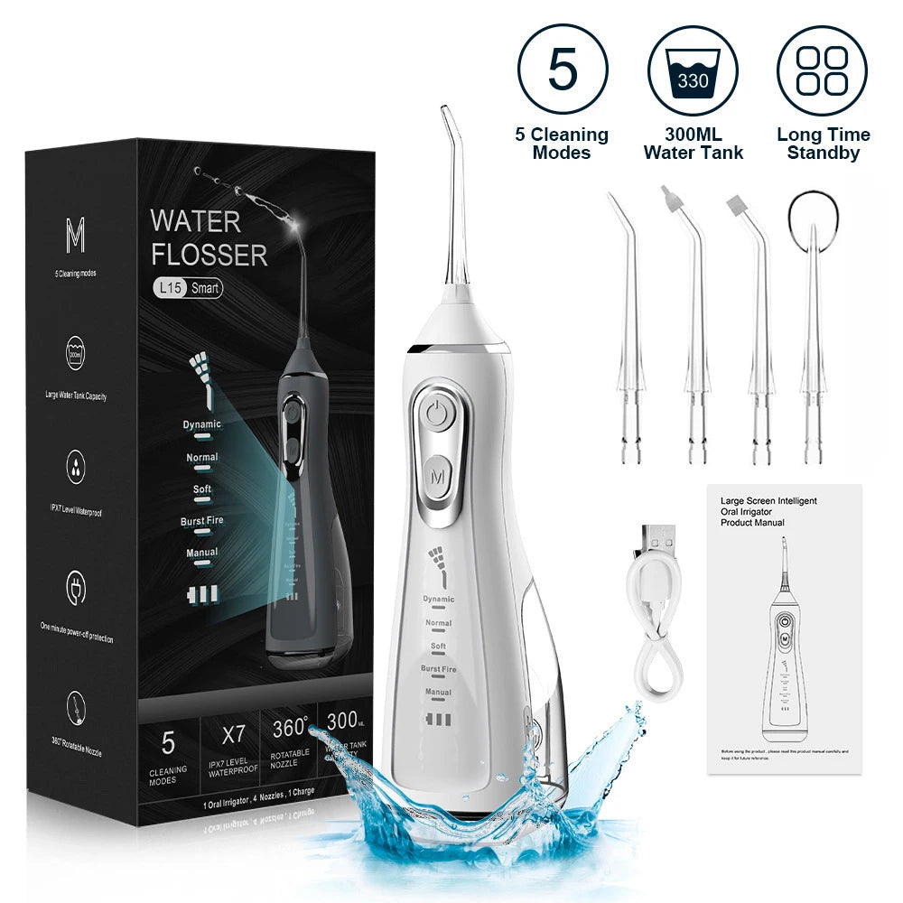 Oral Irrigator 40-140PSI Tooth Scaler 5 Speed Water Flosser Rechargeable Dental Water Jet 300ML IPX6 Waterproof Teeth Cleaner - ShoreCo.Shop