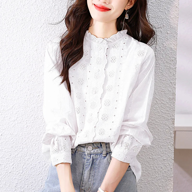 Women'S Shirt Spring Hollow Lace Ruffles O Neck Elegant Apricot Tops Long Sleeve Embroidered Cotton Shirt Vitnage Office Lady    Your Coastal Marketplace | Shoreshopper.com