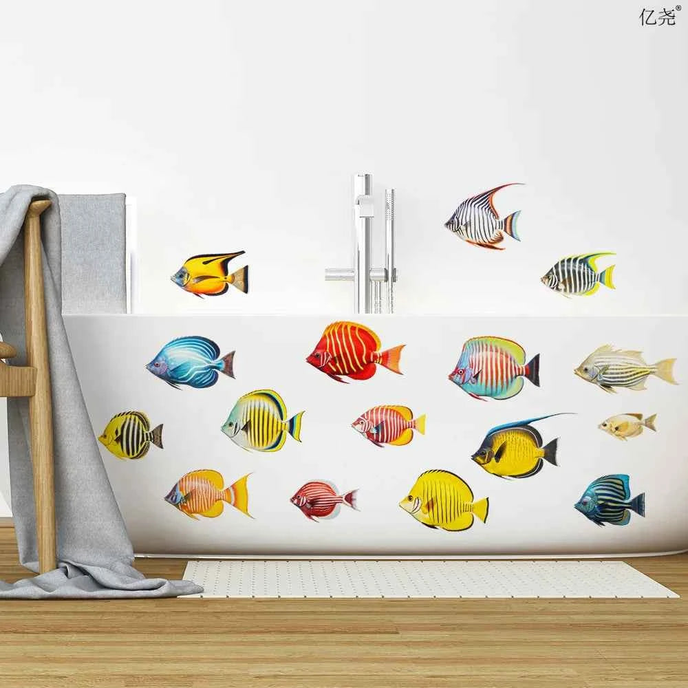 Cartoon Watercolor Marine Tropical Fish Group Decor Under Sea Fish Wall Stickers Children Bedroom Bathroom Ocean Animals Sticker