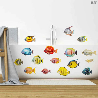 Cartoon Watercolor Marine Tropical Fish Group Decor Under Sea Fish Wall Stickers Children Bedroom Bathroom Ocean Animals Sticker
