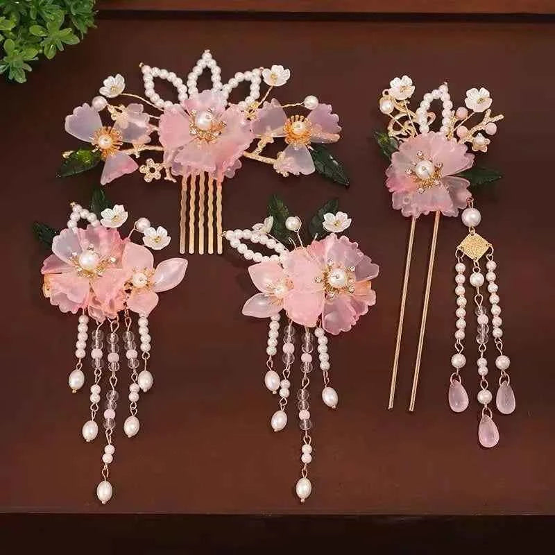 1 Set Ancient Headwear Hairpins Complete Super Immortal Made Headwear New Simple Pink flower Children's Ancient Headwear