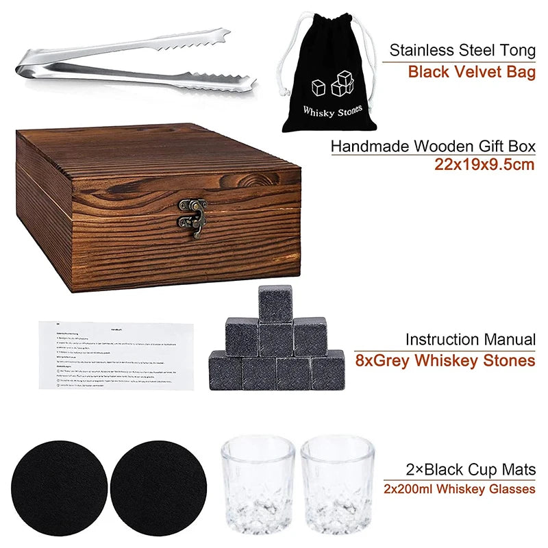 Father'S Day Gift For Men Whiskey Stones Set 8 Pcs Granite Ice Cubes+ 2 Pcs Cups For Whisky In Wooden Bottle Box Present For Dad    Your Coastal Marketplace | Shoreshopper.com