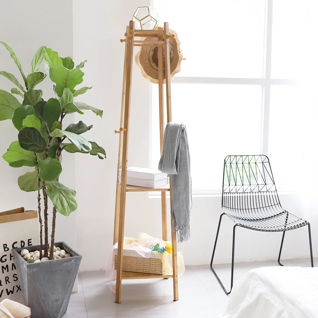 Bamboo Coat Rack Free Standing 2-Shelves Clothing Storage Garment Organizer Stand with 8 Hooks Clothes Poles 55kg Load-bearing f    Home Decor Supply | Online Retail | ShoreShopper.com