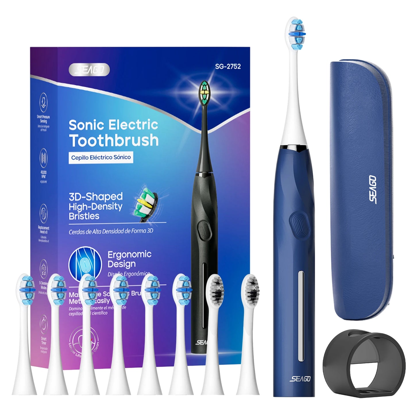 SEAGO Electric Toothbrush with 8 Soft Bristle Heads for Adults Pressure Sensor 5 Modes with 2 Minutes Smart Timer SG-2752 - ShoreCo.Shop
