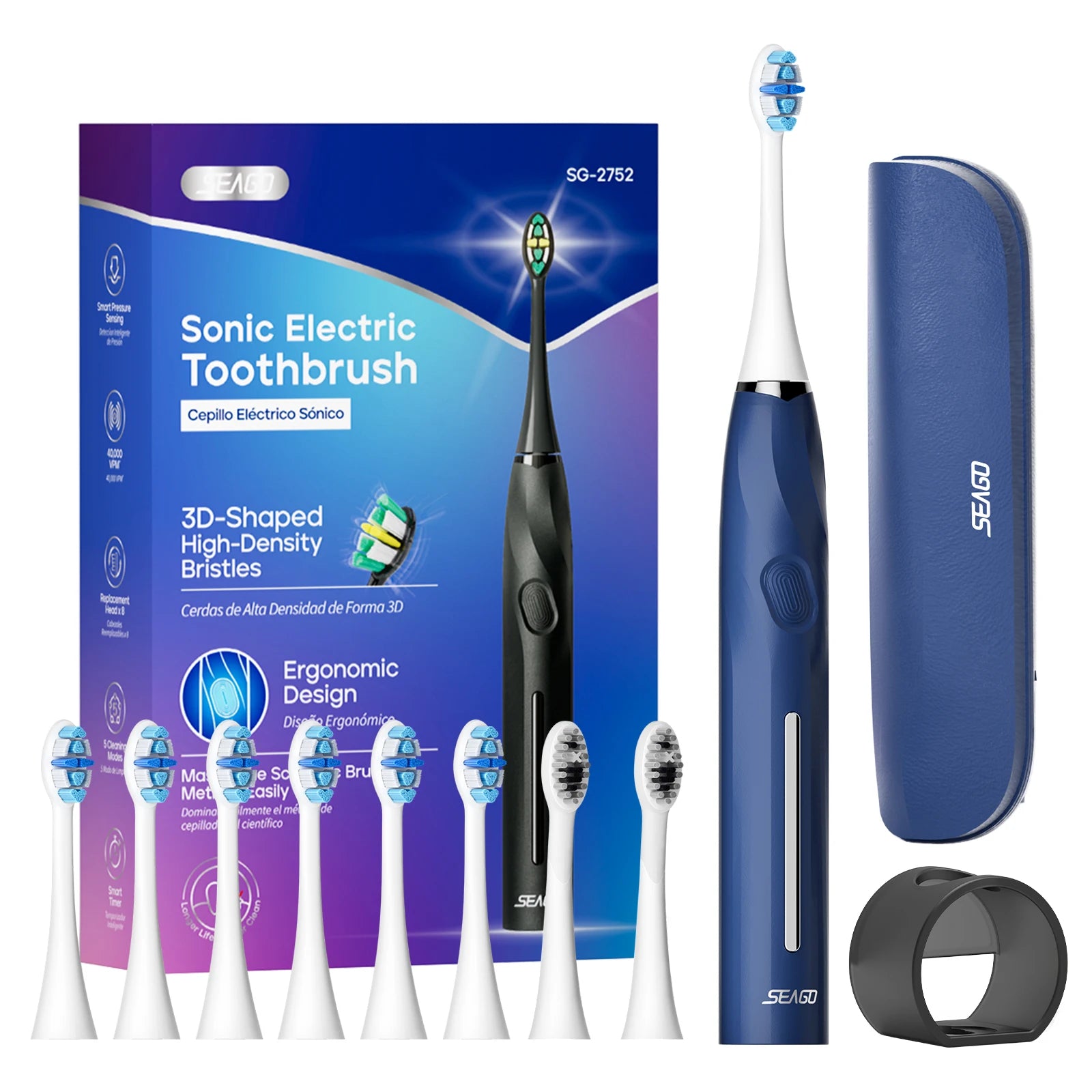 SEAGO Electric Toothbrush with 8 Soft Bristle Heads for Adults Pressure Sensor 5 Modes with 2 Minutes Smart Timer SG-2752 - ShoreCo.Shop