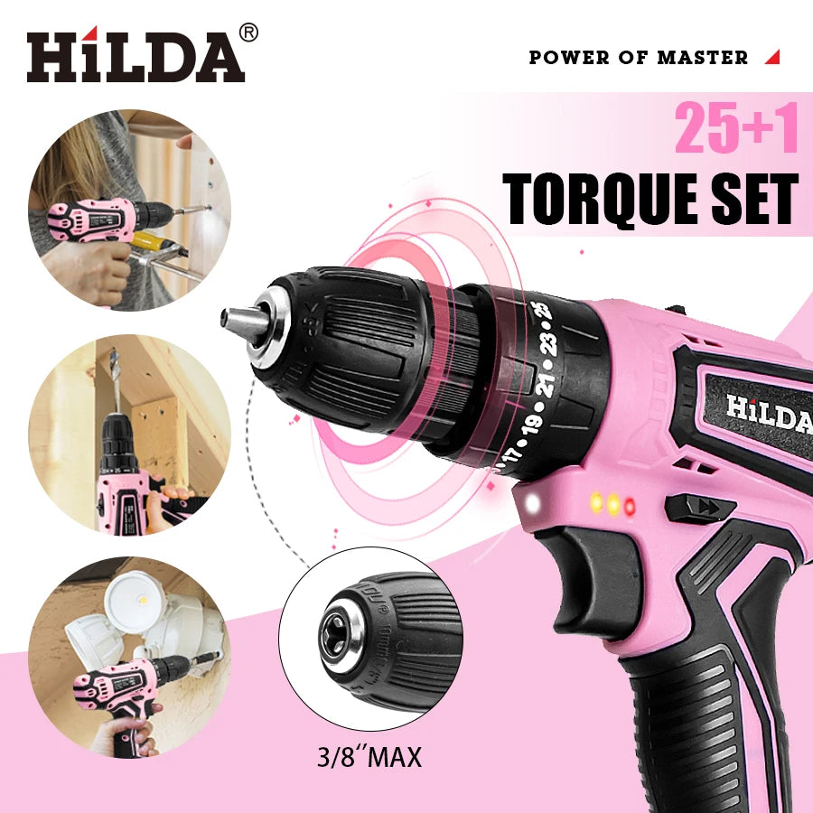 HILDA 21V Pink Drill Electric Drill Electric Screwdriver  Cordless Drill Mini Wireless Power Tools Lithium-Ion Battery - ShoreCo.Shop