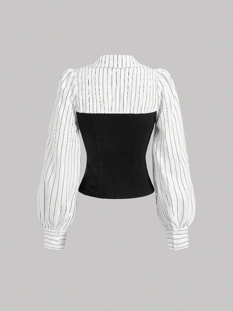 Women Elegant Striped Shirt Business Casual Office Blouse with Lapel Spliced Design Fashion Slim Fit Work Shirt    Your Coastal Marketplace | Shoreshopper.com