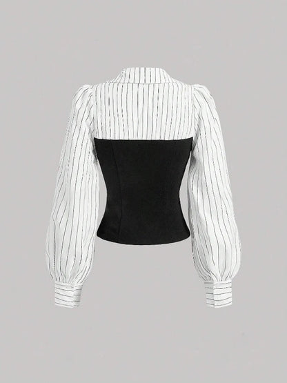 Women Elegant Striped Shirt Business Casual Office Blouse with Lapel Spliced Design Fashion Slim Fit Work Shirt    Your Coastal Marketplace | Shoreshopper.com