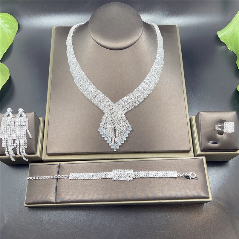 Fashion Crystal Bridal Jewelry Sets Silver Color Geometric Choker Necklace Earrings Bracelet Ring Four-piece Wedding Jewelry Set    Home Decor Supply | Online Retail | ShoreShopper.com