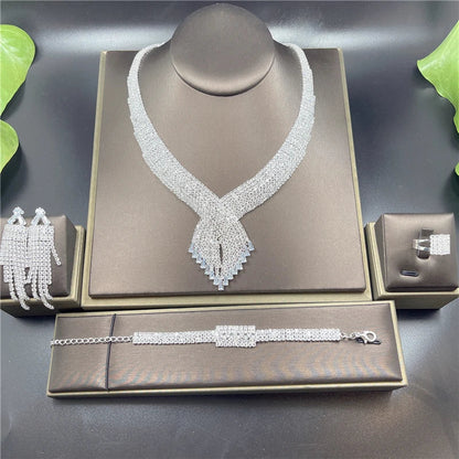 Fashion Crystal Bridal Jewelry Sets Silver Color Geometric Choker Necklace Earrings Bracelet Ring Four-piece Wedding Jewelry Set    Home Decor Supply | Online Retail | ShoreShopper.com