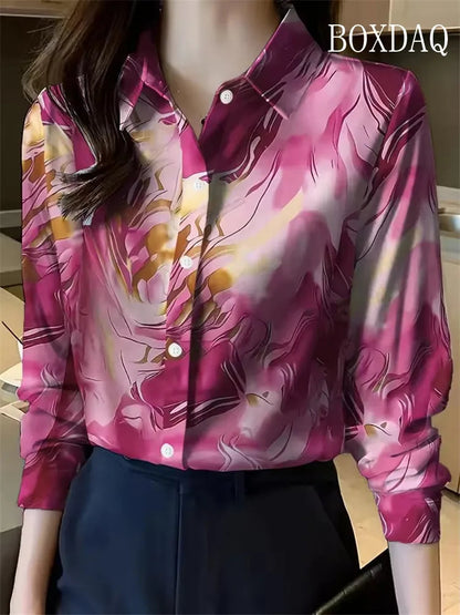 Women Shirt 2025 Autumn Clothes Women Vintage Blouses Office Lady Long Sleeve Blouse Button Up Lapel Shirts OL Print Womens Tops    Your Coastal Marketplace | Shoreshopper.com