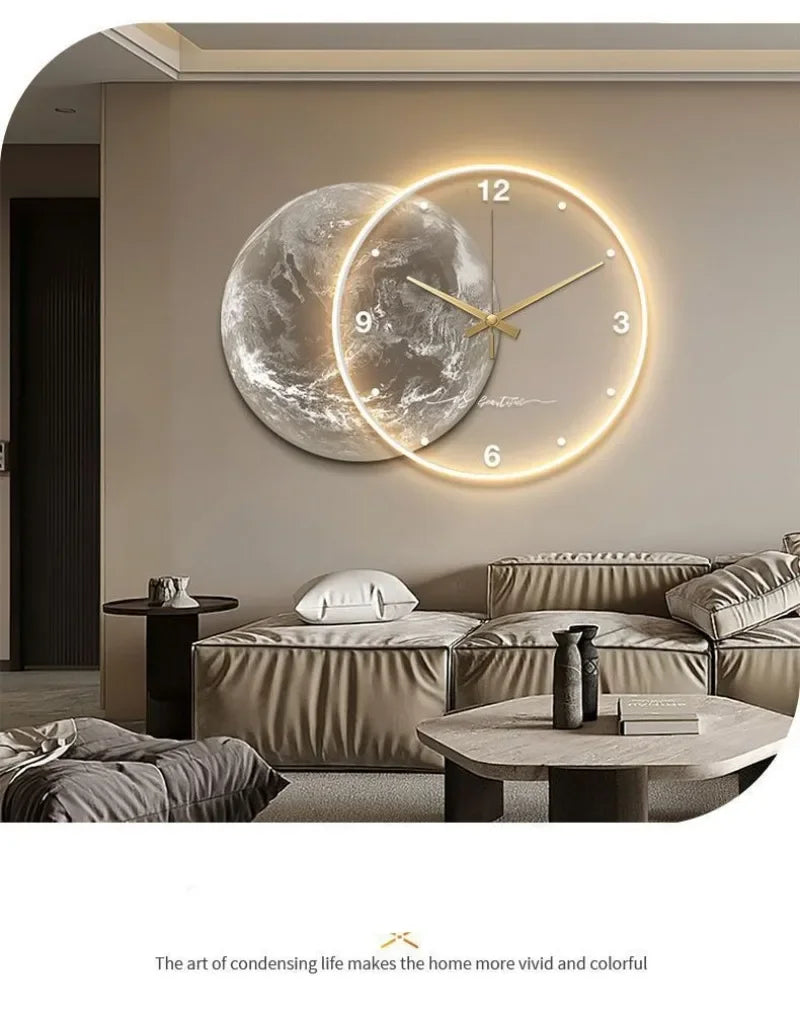 Large Wall Clock Luxury Dining Room Living Room Moon The Earth Modelling LED Light Silent Movement Bedroom Clock Wall Decoration    Home Decor Supply | Online Retail | ShoreShopper.com
