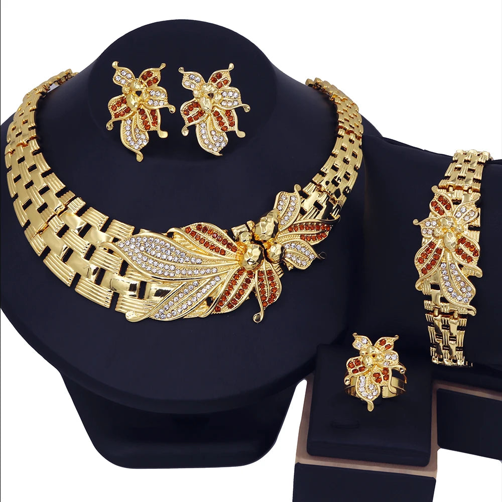 YTJX Wedding Jewelry Set Africal Big Flower Choker Necklace Fine Zircon Bracelet Piercing Earring Ring 18K Gold Plated Jewellery    Home Decor Supply | Online Retail | ShoreShopper.com
