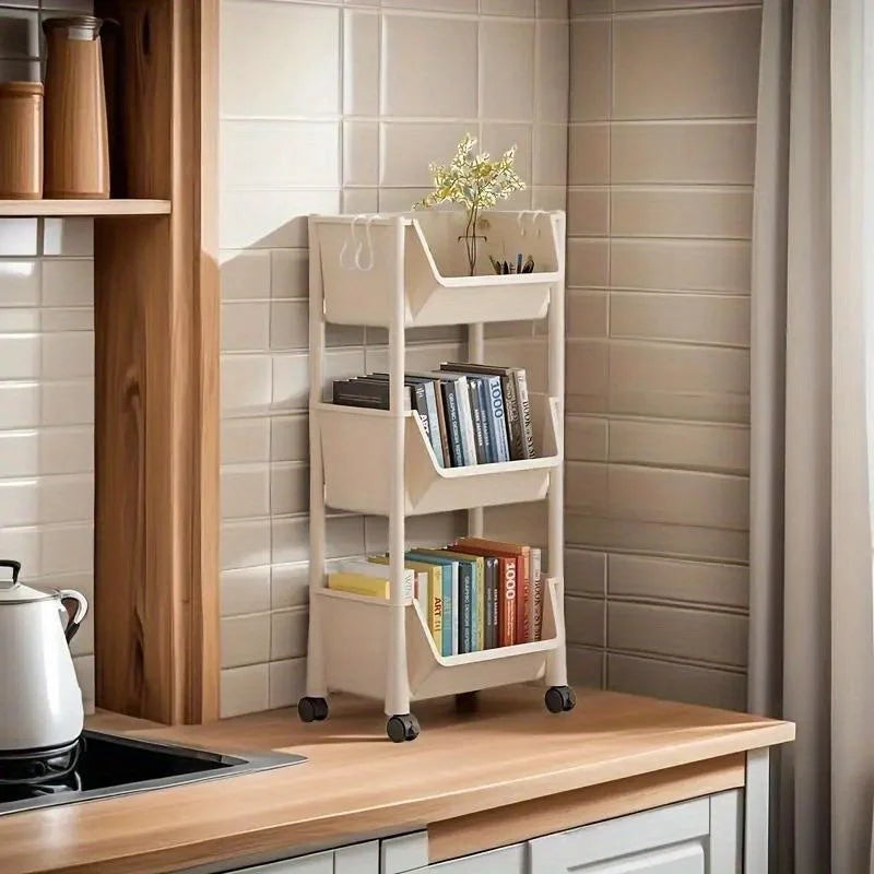 Multi-Tier Rolling Storage Cart, Slim Rolling Cart with Storage Bins and Hooks - Space-Saving Organizer, 360° Rotating Storage C    Home Decor Supply | Online Retail | ShoreShopper.com
