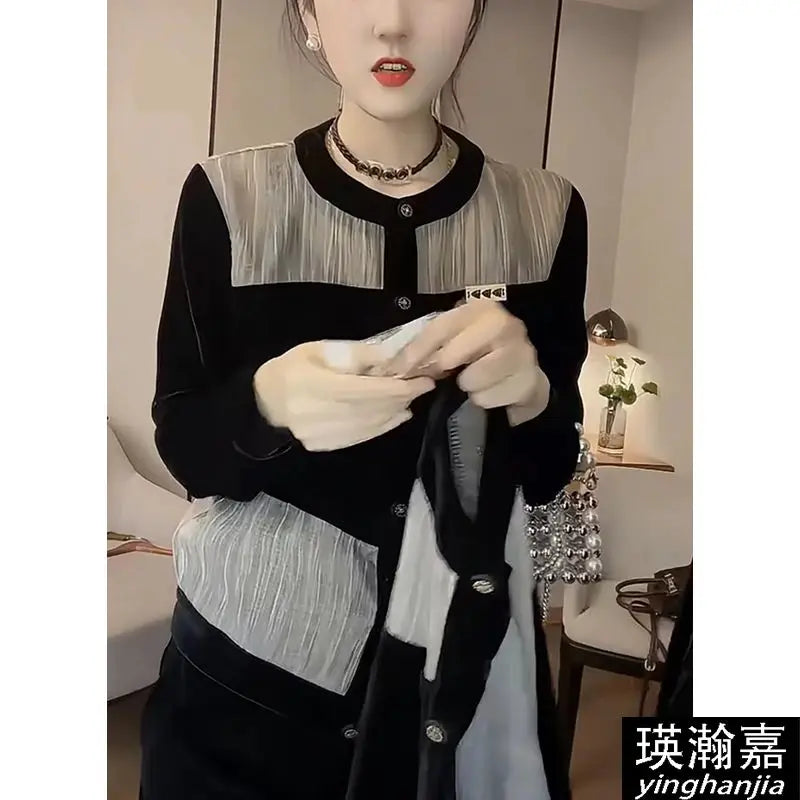 Fashionable Women's Shirt 2025 Autumn New Round Neck Single-breasted Cardigan Spliced   sequin Velvet Shirt    Your Coastal Marketplace | Shoreshopper.com