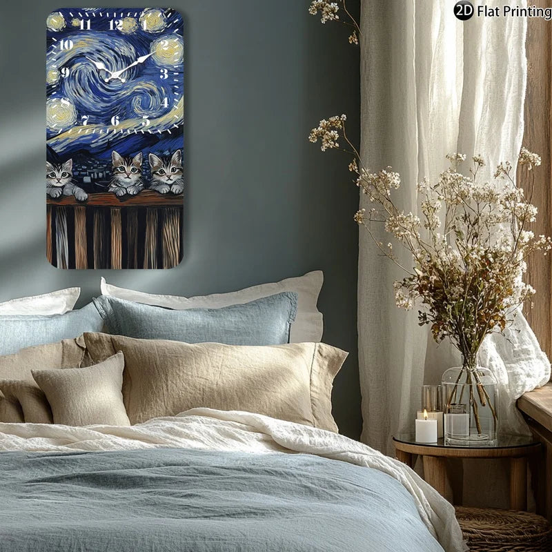 Vintage 2D-Flat Cats with Van Goghs Starry Night backdrop Wooden Silent Quartz Rectangle Wall Clock for Home Idea Holiday Gifts    Home Decor Supply | Online Retail | ShoreShopper.com