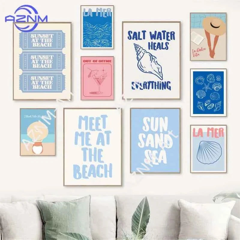 Seashells Meet Me At The Beach Poster Summer Sea Bikini Coastal Quotes Canvas Painting Trendy Wall Art Room Home Decor