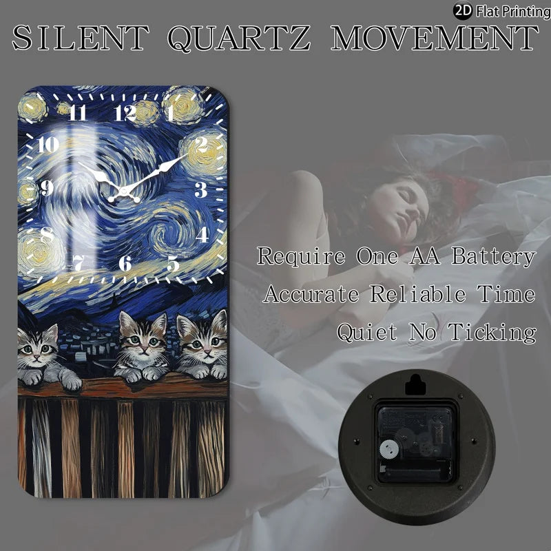 Vintage 2D-Flat Cats with Van Goghs Starry Night backdrop Wooden Silent Quartz Rectangle Wall Clock for Home Idea Holiday Gifts    Home Decor Supply | Online Retail | ShoreShopper.com