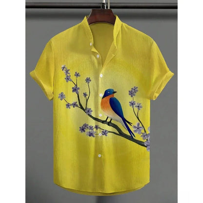 Men's Japanese Parrot Sakura Art Print Casual Shirt Men Blouses Summer Stand Collar Shirts Hawaiian Top Streetwear    Home Decor Supply | Online Retail | ShoreShopper.com