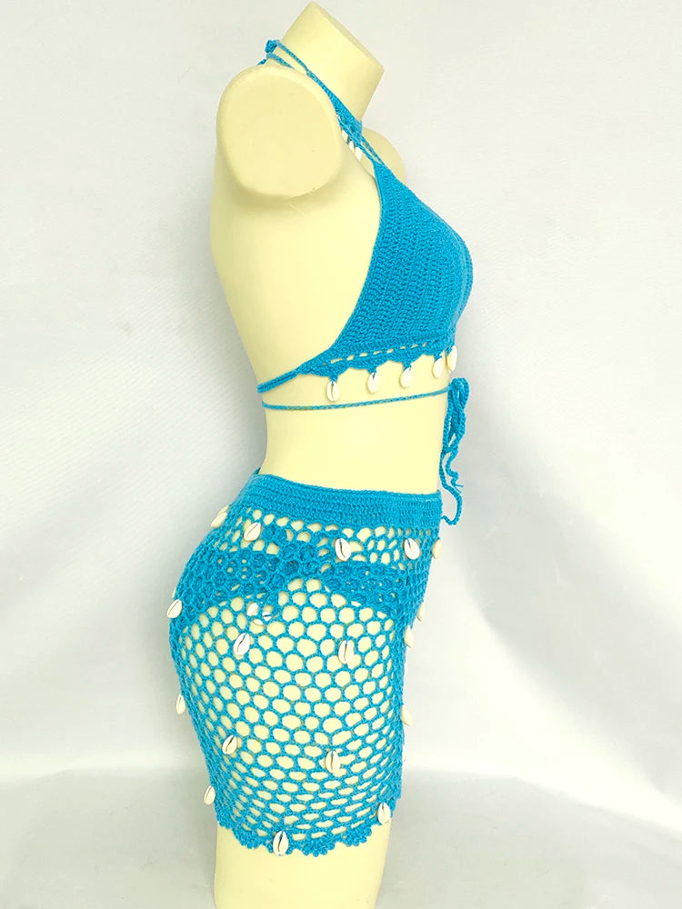 Women Beach Wear Swimsuit Cover-Ups Boho Summer See-Through Hollow Out Bandage High Waist Short Beach Skirt Crochet Knit Skirts    Your Coastal Marketplace | Shoreshopper.com