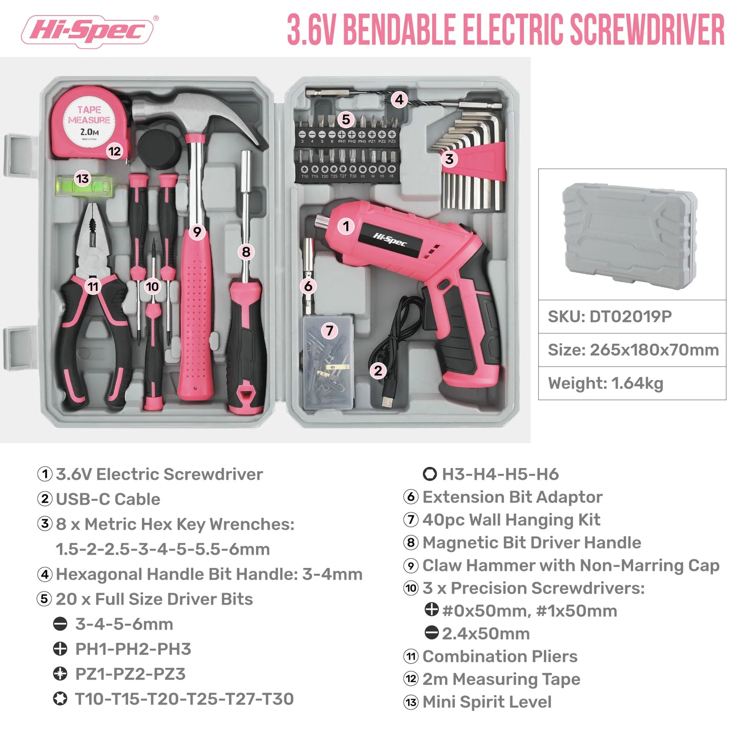Hi-Spec 92-Piece Pink Home Tool Box Set, Multi-Function Hand Repair Kit with Hammer Cordless Power Drill Combo for Household DIY - ShoreCo.Shop