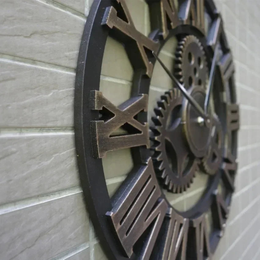 Vintage Style Industrial Wall Clock with Roman Numerals Visible 3D Gears 11"-17" Gold or Silver    Home Decor Supply | Online Retail | ShoreShopper.com
