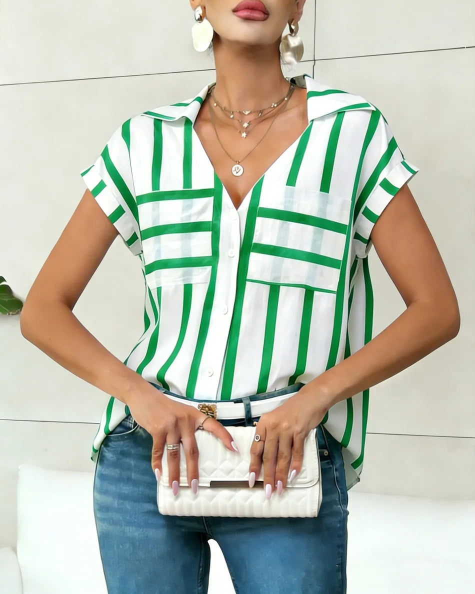 Women's Blouse Shirt Summer Top Navy White Top Vertical Stripe V Neck Short Sleeve Sleek Stylish Daily Shirt Casual Tops    Your Coastal Marketplace | Shoreshopper.com