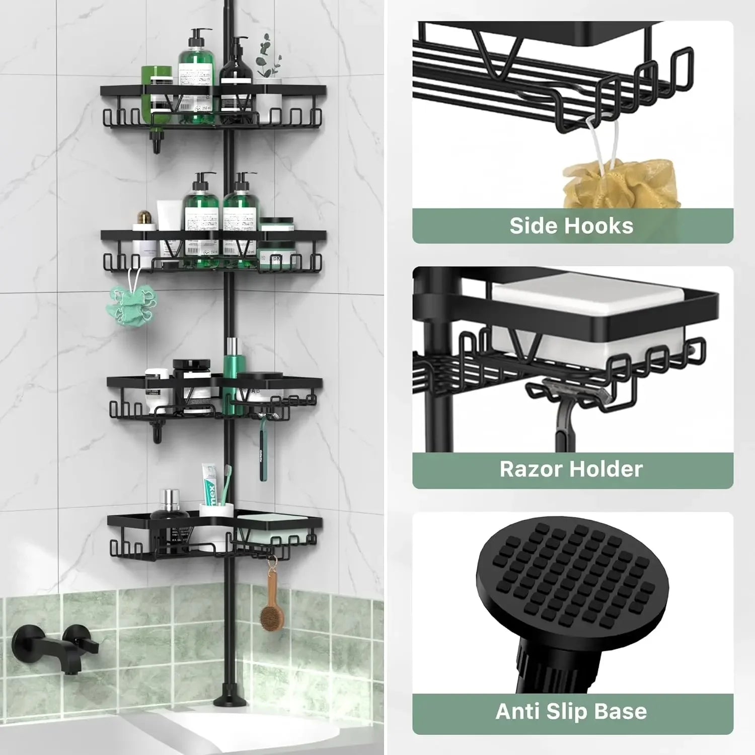 Corner Shower Caddy Tension Pole - 4 Tier Stainless Steel Rustproof Shower Corner Caddy for Bathroom Shower Organizer    Home Decor Supply | Online Retail | ShoreShopper.com