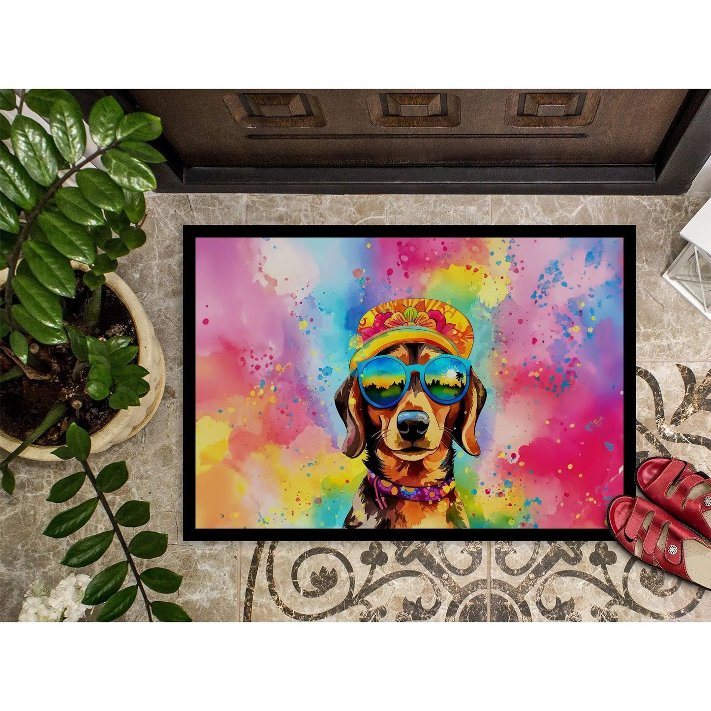 Dachshund Hippie Dawg Doormat Non-Slip Washable Low Pile 24H X 36W Indoor Outdoor Front Door Mat for Entryway    Home Decor Supply | Online Retail | ShoreShopper.com